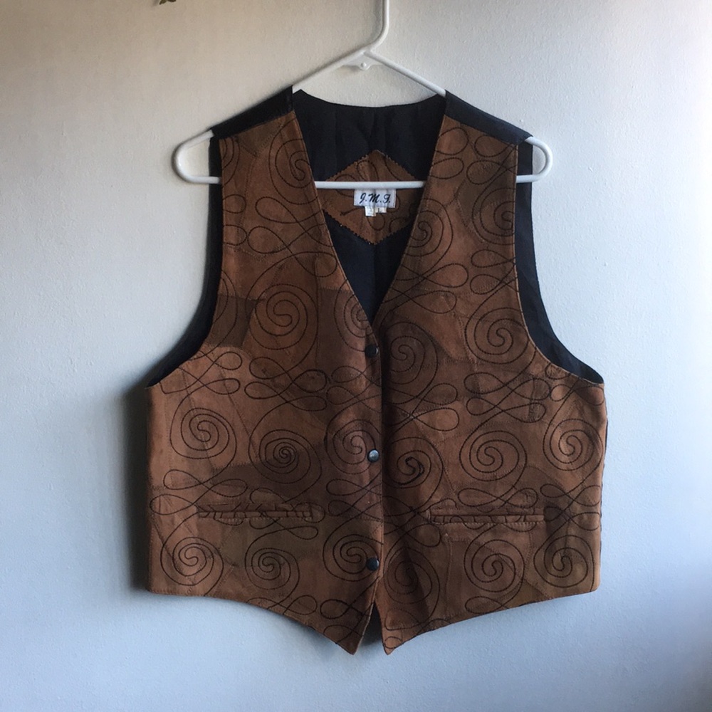 JMT Sz L Womens Genuine Leather Brown V Neck Vest Waistcoat Embroidered Pockets